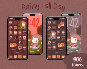 Pictogrammen voor een regenachtige herfstdag, iOS- en Android-startschermthema (digitale download)