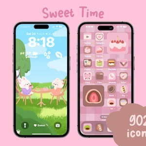 May include: Two smartphones with a pink theme and the text "Sweet Time." One shows a cartoon scene with bunnies at a table. The other displays app icons. The image also includes the text "902 icons."