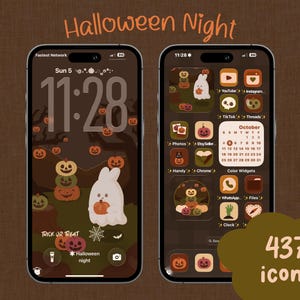May include: Two smartphones with a Halloween theme. The lock screen shows a ghost and pumpkins. The home screen displays themed app icons, a calendar, and the text "Halloween Night" and "437 icons".