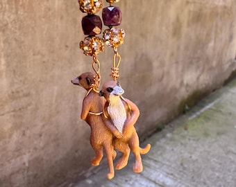 Meerkat, vintage crystal rhinestone, and ruby earrings