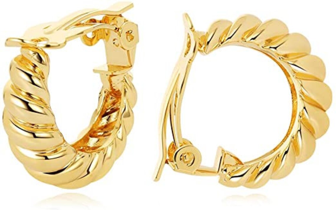 14K Gold Cut Hoop Clip on Earrings for Women Geometric Chunky Etsy