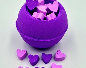 Lavender large bath bomb with hearts embeds fizzers handmade purple gift ideas