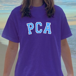 K&ouml;nnte beinhalten: Ein lila T-Shirt mit dem Text "PCA" in blauen Buchstaben.