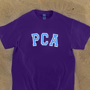 K&ouml;nnte beinhalten: Lilafarbenes T-Shirt mit den Buchstaben PCA in blau, umrandet mit wei&szlig;.