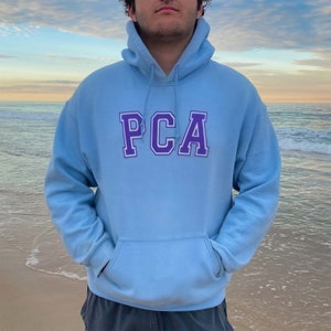 May include: A light blue hoodie with a purple "PCA" logo on the front. The hoodie is being worn by a person standing on a beach.