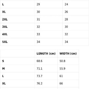 May include: Size guide chart for clothing with measurements in inches and centimetres. The chart shows the length and width of different sizes, from S to 5XL.