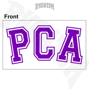 May include: Purple and white varsity style letters spelling out "PCA".