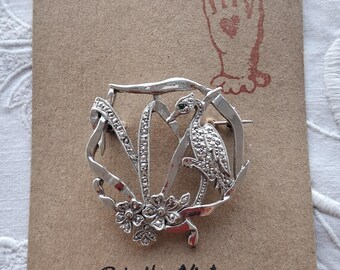 Vintage 'KIGU' 1950s Silver Tone Marcasite Heron Brooch
