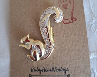 Vintage 1980s Large Gold and Silver Tone Squirrel Brooch With Diamante