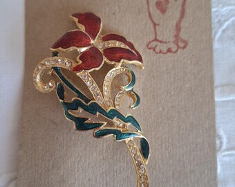 Vintage 1980s L.I.P. Large Gold Tone Red Enamel Flower Brooch With Diamante