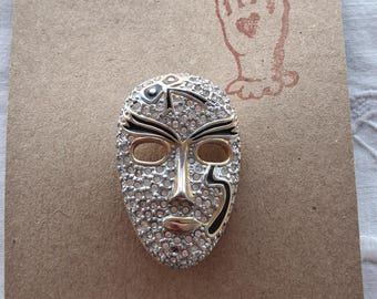 Vintage 1980s Gold Tone Diamante & Black Enamel Mask Brooch