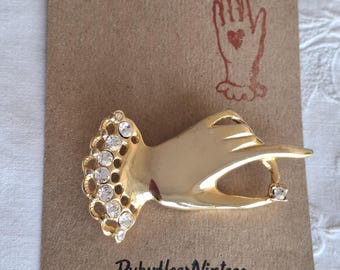 Vintage 1980s Large Gold Tone Hand Brooch With Diamante