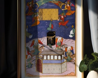 Engelen versieren de Kaaba voor de geboorte van de profeet I Hajj Umrah Gift | Vintage islamitische print | Muurkunst I Frame niet inbegrepen