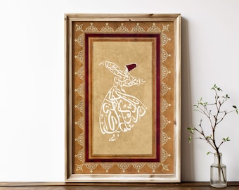 May include: A framed print of a white calligraphic design depicting a whirling dervish in a red fez. The design is surrounded by a gold and red ornate border.