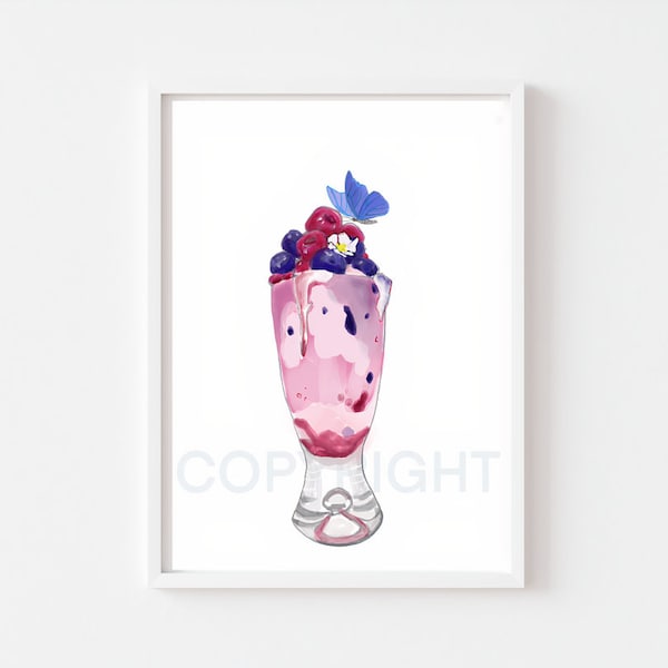 Sweet Dessert Design | Blue Butterfly | Pink Ice Cream Smoothie | Digital Print | Printable Download | Birthday Card | Wall Art