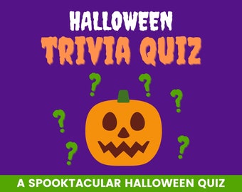 Puede incluir: Un fondo morado con el texto "HALLOWEEN TRIVIA QUIZ" en blanco y naranja. Una calabaza naranja de dibujos animados con un tallo verde y una cara espeluznante está en el centro de la imagen. Puntos de interrogación verdes están dispersos alrededor de la calabaza. El texto "A SPOOKTACULAR HALLOWEEN QUIZ" está en la parte inferior de la imagen.