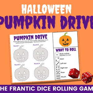 Peut inclure: Un jeu de société sur le thème d'Halloween intitulé "Pumpkin Drive". Les joueurs lancent des dés pour compléter le contour d'une citrouille. Comprend un dé et une liste de ce qu'il faut lancer. Le fond est orange.
