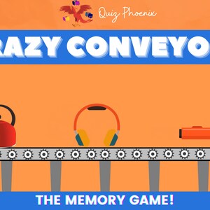 May include: A memory game called "Crazy Conveyors" with a red kettle, yellow headphones, and an orange flashlight on a conveyor belt.