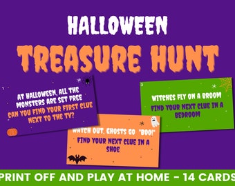 Halloween treasure hunt for kids | Clue cards | Printable scavenger hunt game | Halloween party ideas | Kids Halloween game | Play at home