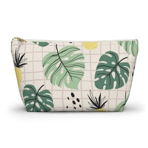 Monstera Leaf and Pineapple Print Makeup Bag, Cute Accessory Pouch w T-bottom, Beach and Summer Cosmetic Bag, Mom Gift, Gift for Her