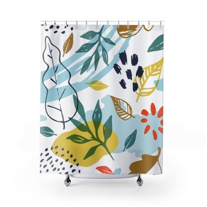 Botanical Floral Aesthetic Blue Teal Yellow Shower Curtain, Abstract Bathroom Decor Shower Curtain 71x74 in