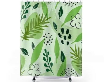 Botanical Floral Aesthetic Green Olive Shower Curtain, Abstract Bathroom Decor Shower Curtain 71x74 in