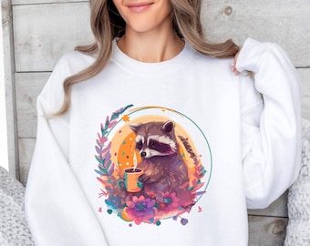 Tvättbjörnströja Rundkragetröja Söt pullover för henne; Present till djur-, natur-, kaffeälskare; Dricker kaffe ur mugg Tvättbjörnströja