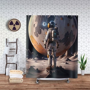 Rideau de douche sur le thème de l'espace, décoration de salle de bain, exploration, astronaute, galaxie, planète, étoiles, art de l'espace, gare, voyage, lune extraterrestre