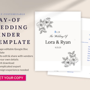 May include: A wedding binder template with floral designs. The cover displays "The Wedding Of Lora & Ryan" and the date 9.23.23. The image also includes the text "Fully Customizable", "Day-Of Wedding Binder Template", and bullet points detailing the template's features.