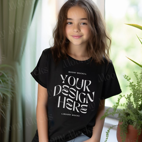 Kids Tshirt Mockup Bella Canvas 3001Y Youth Black Shirt Kid Model Mock-Up Boho Black Tee BC 3001T Child Lifestyle Blank Girl Trendy T-Shirt