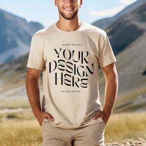 Gildan 5000 Mockup Sand Tshirt Mockup Mens Shirt Mockup Male Model Shirt Sand Gildan 5000 Man Lifestyle Outdoor Nature Mountain Tee Blank