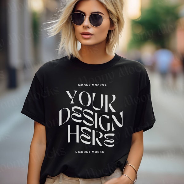 Gildan 5000 Mockup Black Tshirt Women Shirt Female Model Mock-up Black Gildan 5000 Oversized Tee Boho Lifestyle Trendy Outdoor Aesthetic Tee