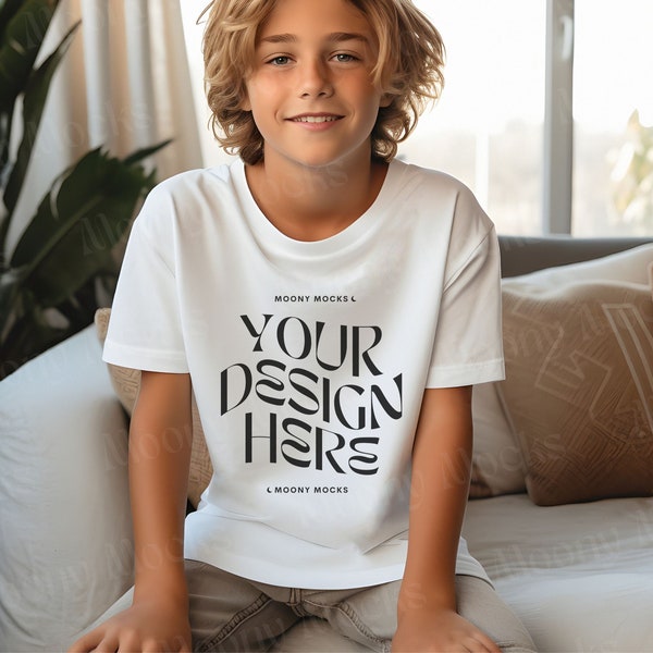 Kids Tshirt Mockup Bella Canvas 3001Y Youth White Shirt Kid Model Mock-Up Boho White Tee BC 3001Y Child Lifestyle Trendy Boy Blank TShirt