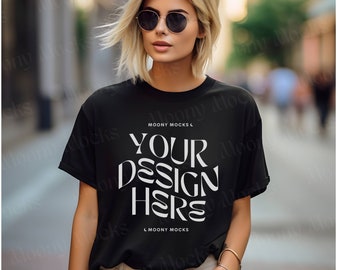 Gildan 5000 Mockup Black Tshirt Women Shirt Female Model Mock-up Black Gildan 5000 Oversized Tee Boho Lifestyle Trendy Outdoor Aesthetic Tee