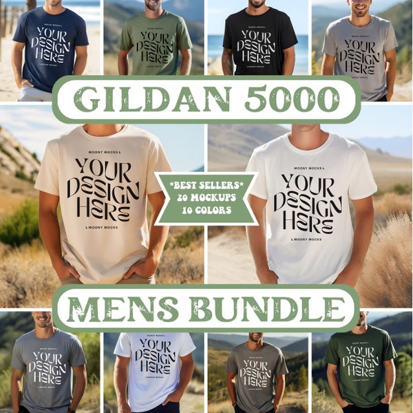 Gildan 5000 Mockup Mens Tshirt Bundle Male Mockup Bundle Gildan 5000 Bundle Male Crewneck Shirt Outdoor Man Model Shirt Nature Oversized POD