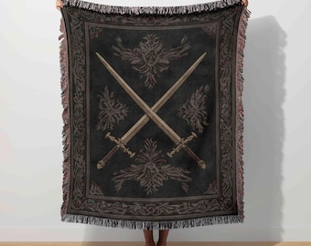 Medieval Sword Tapestry, Gothic Woven Blanket,  Renaissance Art, Dark Fantasy Throw, Regal Warrior Knight