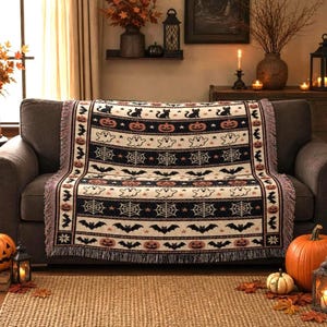 Spooky Halloween Woven Blanket, Black Cat Throw, Pumpkin Ghost Wall Hanging Tapestry, Retro Bat Fall Decor