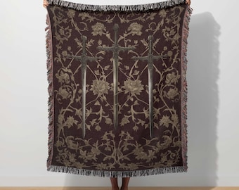 Medieval Sword Tapestry, Gothic Woven Blanket, Ornate Swords Fantasy Throw, Witchy Dark Academia Decor