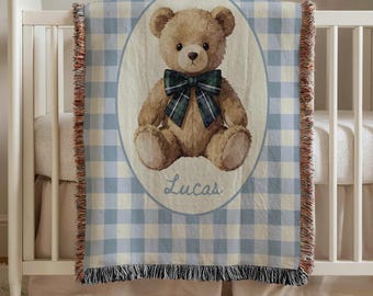 Custom Bear Baby Blanket, Personalized Blue Plaid Woven Blanket, Teddy Nursery Decor, Preppy Baby Shower Gift