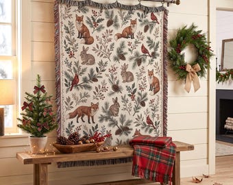 Christmas Woodland Animal Woven Blanket, Winter Tapestry Wall Hanging, Vintage Cottagecore Forest Fox Bunny Throw, Cozy Rustic Cabin Decor