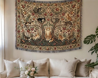 William Morris Cat Woven Blanket, Fruit Tree of Life Wall Tapestry, Maximalist Home Decor, Cottagecore Cat Lover Gift