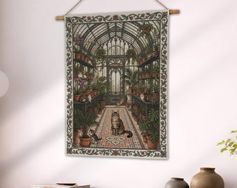 Whimsical Cat Garden Woven Blanket, Plant Lover Wall Tapestry. Botanical Cat Mom Art Home Decor, Cottagecore Gift for Cat Lover