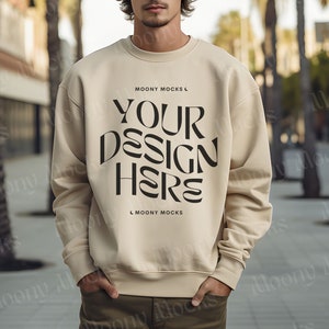 Gildan 18000 Mockup Man Sand Sweatshirt Sand Gildan 18000 Sweater Mockup Gildan Mens Male Model Oversized Lifestyle Crewneck Outdoor Street
