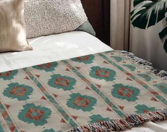 Aztec Tribal Blanket, Turkish Cotton Kilim, Southwestern Throw, Rustic Lodge Moroccan Decor, Boho Ethnic Tapestry