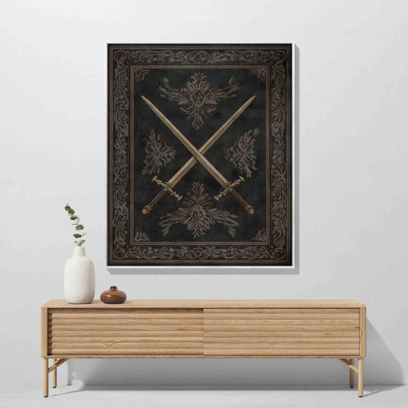 a wooden cabinet with a vase and a small plant on top, and a framed artwork of crossed swords hanging on the wall above it.