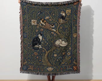 Medieval Cat Wall Hanging Tapestry, Fantasy Cat Woven Blanket, Weird Botanical Cat Art Throw, Vintage Gothic Cat Mom Decor