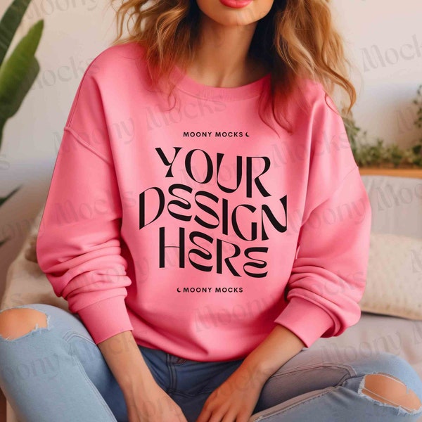 Comfort Colors 1566 Watermelon Sweatshirt Oversized Mockup CC 1566 Sweater Model Boho Watermelon Crewneck C1566 Aesthetic Lifestyle Mockup