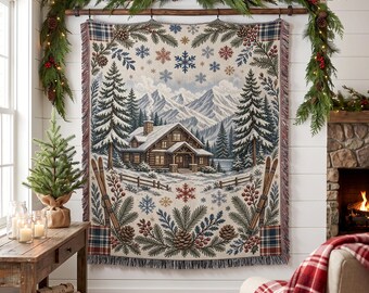 Rustic Winter Cabin Woven Blanket, Cozy Ski Lodge Wall Hanging Tapestry, Mountain Chalet Throw Decor, Holiday Housewarming Gift for Skiers