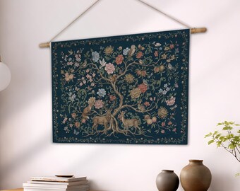 Floral Tree of Life Wall Tapestry, William Morris Style Woven Blanket, Victorian Forest Animals Nature Art Throw, Botanical Decor