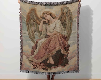 Guardian Angel Tapestry, Religious Woven Blanket, Christian Angel, Faith Based Throw, Prayer Decor, Catholic Art